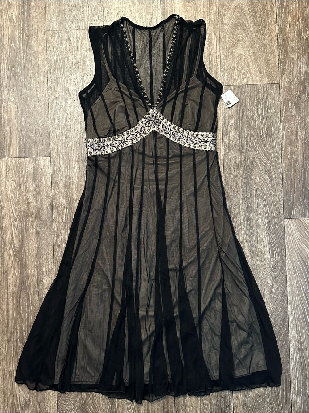 2000s Y2K Mix It studded/beaded bust black nylon layered dress Sz 8 - Picture 4 of 8